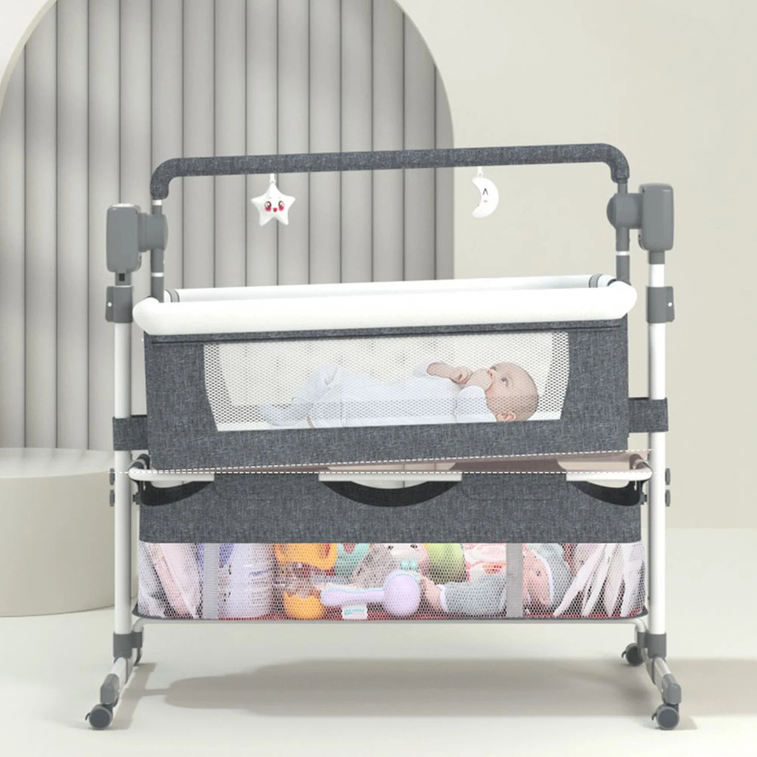 I YAN baby bassinet with automatic electric rocking, remote control, foldable design, ideal for newborns and travel co-sleeper use