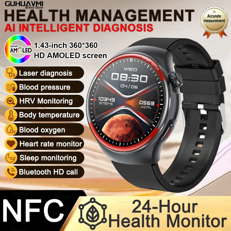 Sapphire Glass Laser Detection Health Smartwatch Men Precise Heart Rate Blood Pressure 150+Sports Bluetooth Call NFC Smart Watch