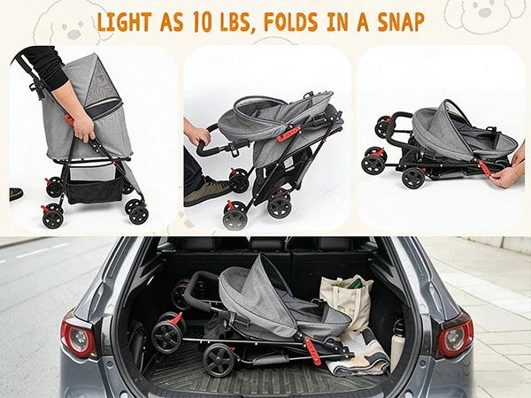 Foldable Pet Stroller Lightweight 4 Wheel Dog Stroller for Small Dogs Cats Portable Travel Pet Cart with Breathable Mesh