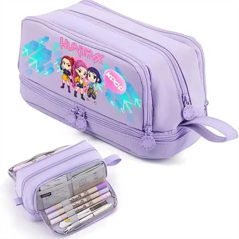 Kpop Demon Hunters pencil case by I YAN, double-layer anime stationery bag with colorful design and multiple compartments for kids.