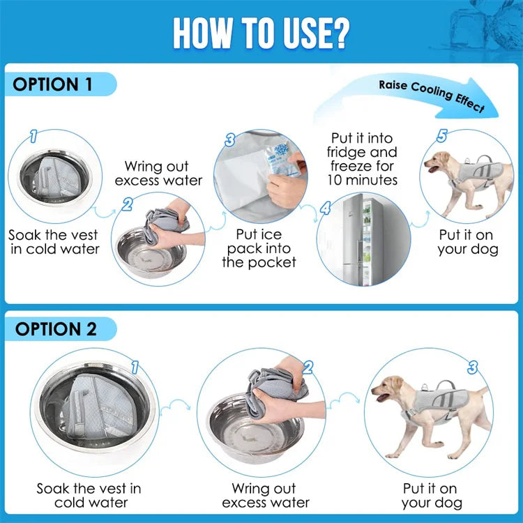 Medium to large dog wearing I YAN cooling vest harness with ice pack pocket, breathable and reflective for hot weather.