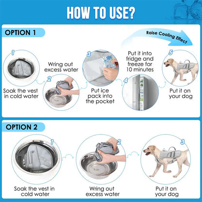 Medium to large dog wearing I YAN cooling vest harness with ice pack pocket, breathable and reflective for hot weather.