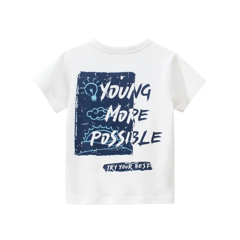 Children's short sleeve cotton T-shirt by I YAN featuring colorful cartoon design, perfect for boys aged 2-9 years in summer.