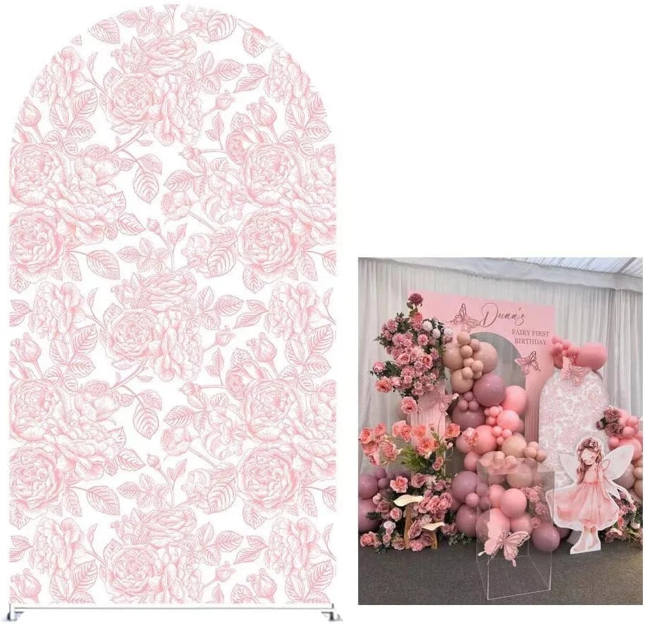 Mehofond Custom 2-Sided Pink Floral Pattern Stripe Girls Birthday Party Baby Shower Covers Chiara Arch Background Decor Backdrop