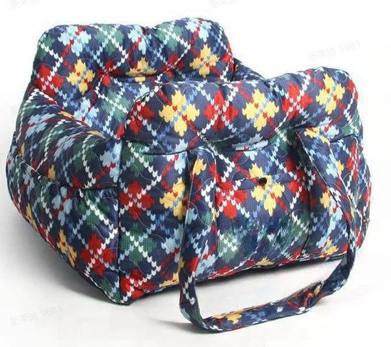 Dog car seat with safety belt by I YAN, non-slip travel carrier for small dogs, secure and comfortable for car rides.