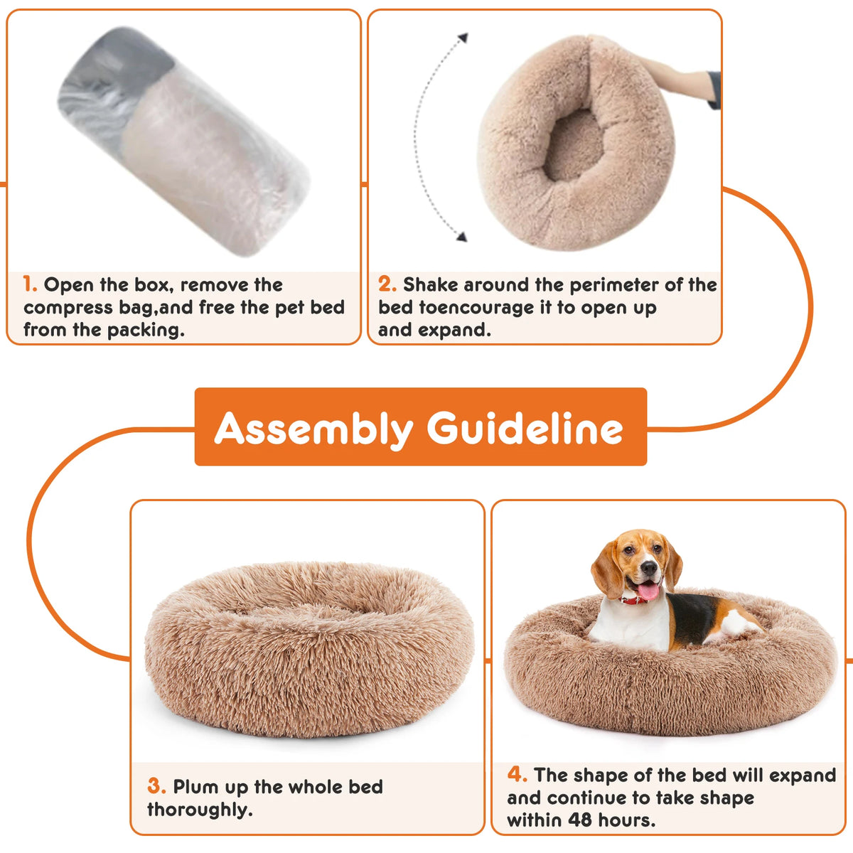 I YAN JHK calming dog bed for medium to large dogs, round fluffy plush faux fur with anti-slip base, washable and comfortable for pets.