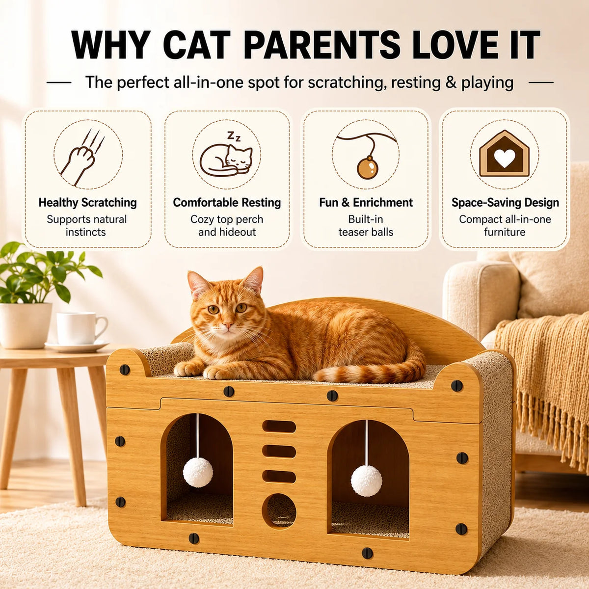 I YAN double door cat scratcher sofa house with wooden frame, hideout, and corrugated scratching bed for indoor cats.
