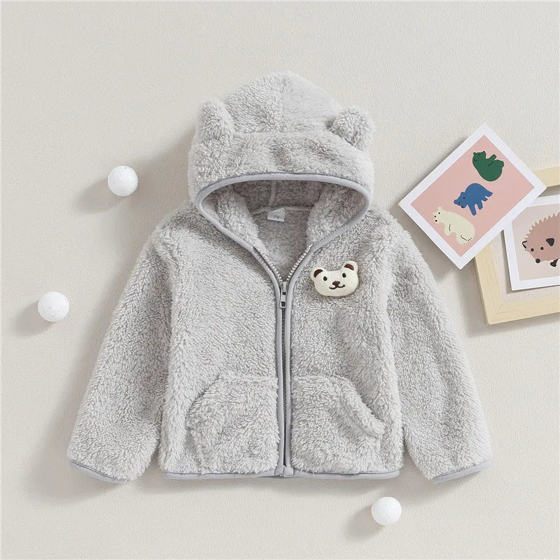 0-24months Unisex Baby Fuzzy Coat 3d Bear Hooded Jacket For Infant Girl And Boy Zipper  Spring Autumn Closure Fleece Outerwear