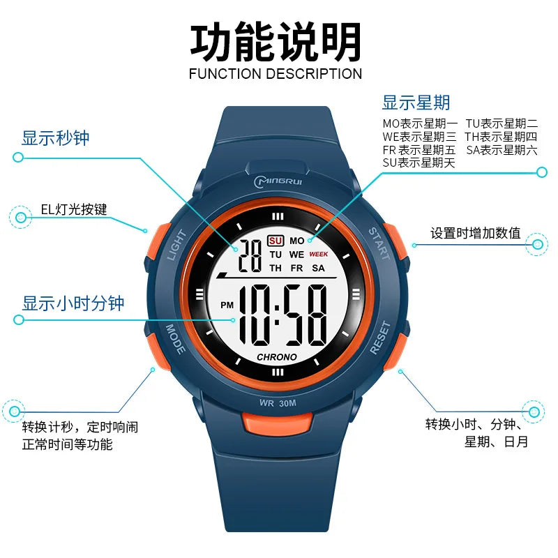 Kids smartwatch by I YAN featuring luminous display, waterproof design, alarm, and electronic functions for boys and girls.
