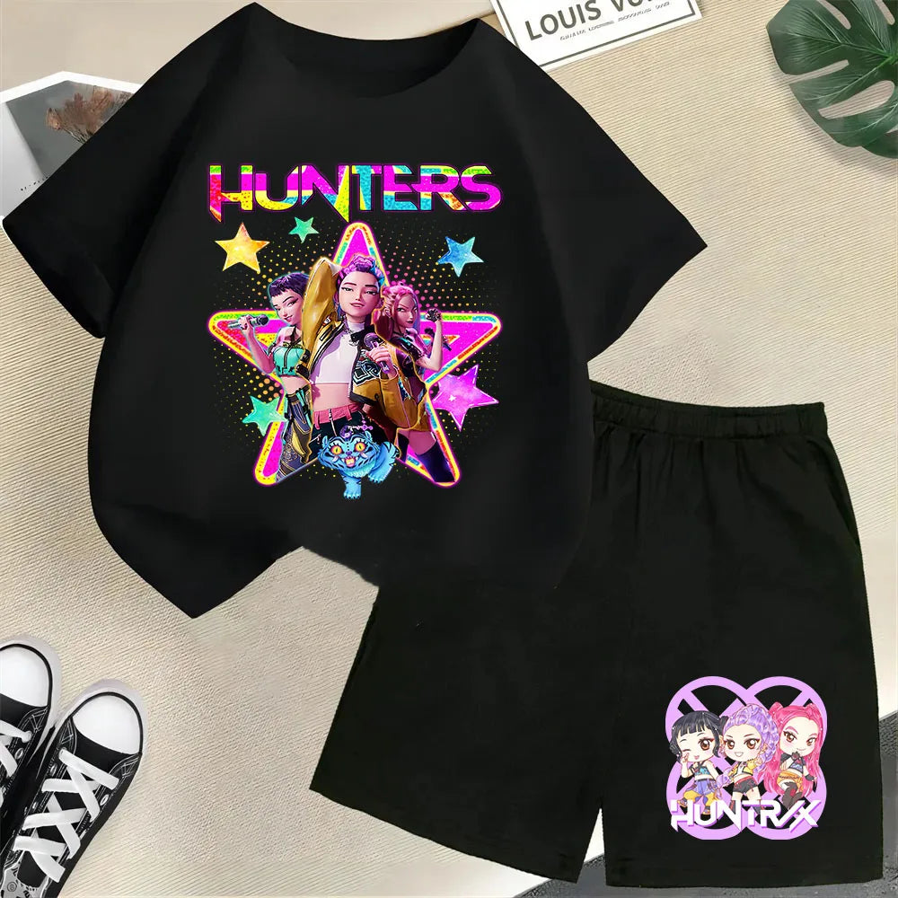 KPop Demon Hunters Saja Boys Kids T-Shirt – Cartoon Print Round Neck Casual Top (2pcs Set) - I YAN