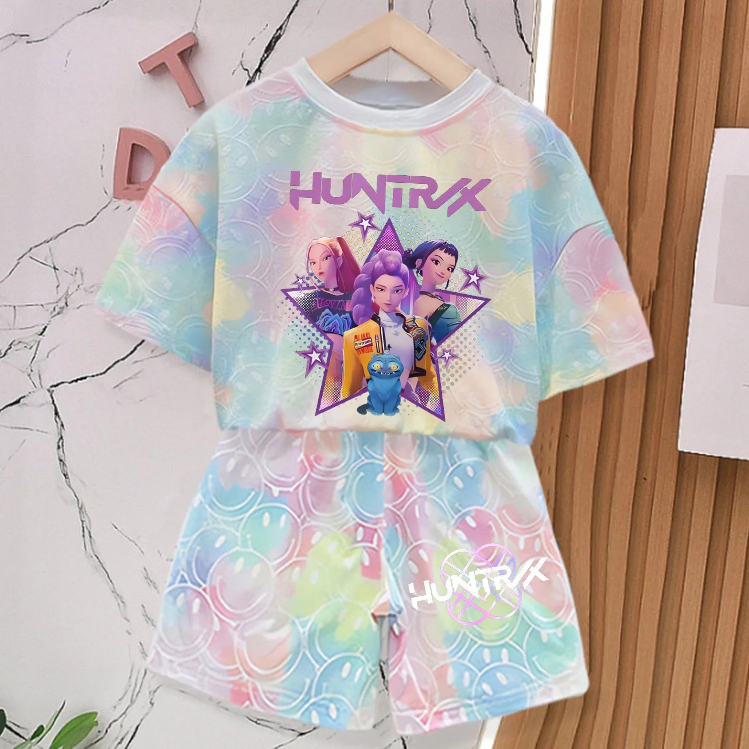 New T-shirt Set for Girls' Summer Clothing with Printed Design, Cartoon Fashion, Comfortable Short Sleeves