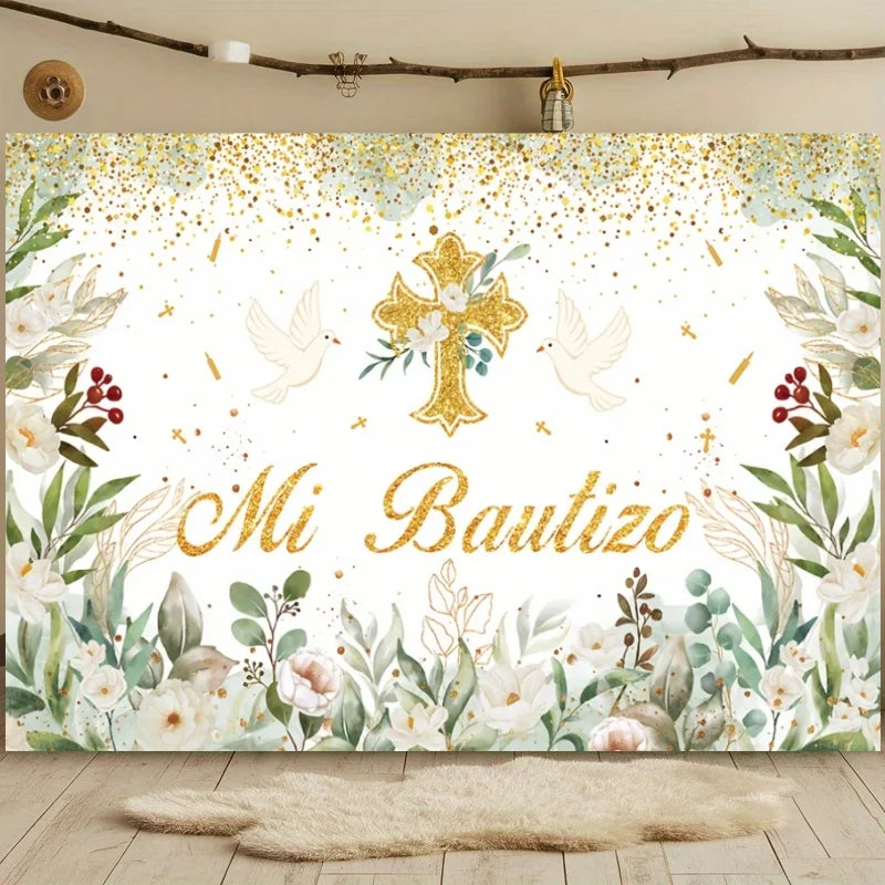 First Holy Communion Backdrop Flower Gold Cross Decor Boy Girl Baby Shower My Baptism Birthday Party Photography Background Prop