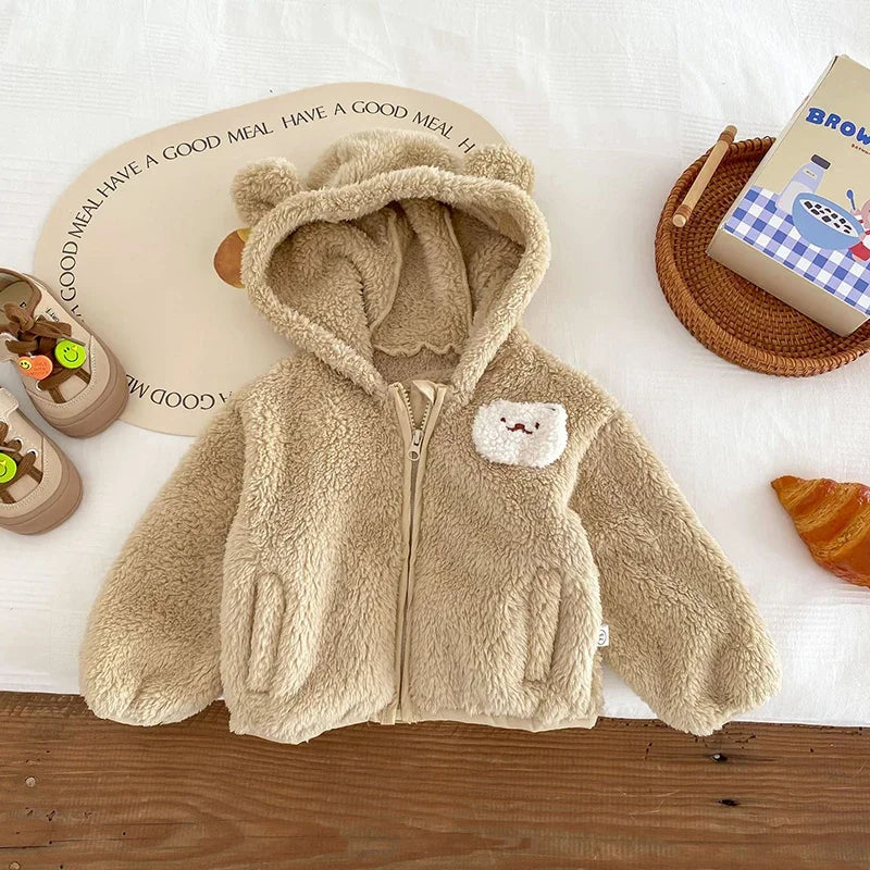 Plush Baby Girls Boys Jacket Spring Autumn Keep Warm Zipper Hooded Outerwear Cute Rabbit Bear Infant Coat 0-5 Years Kids Clothes