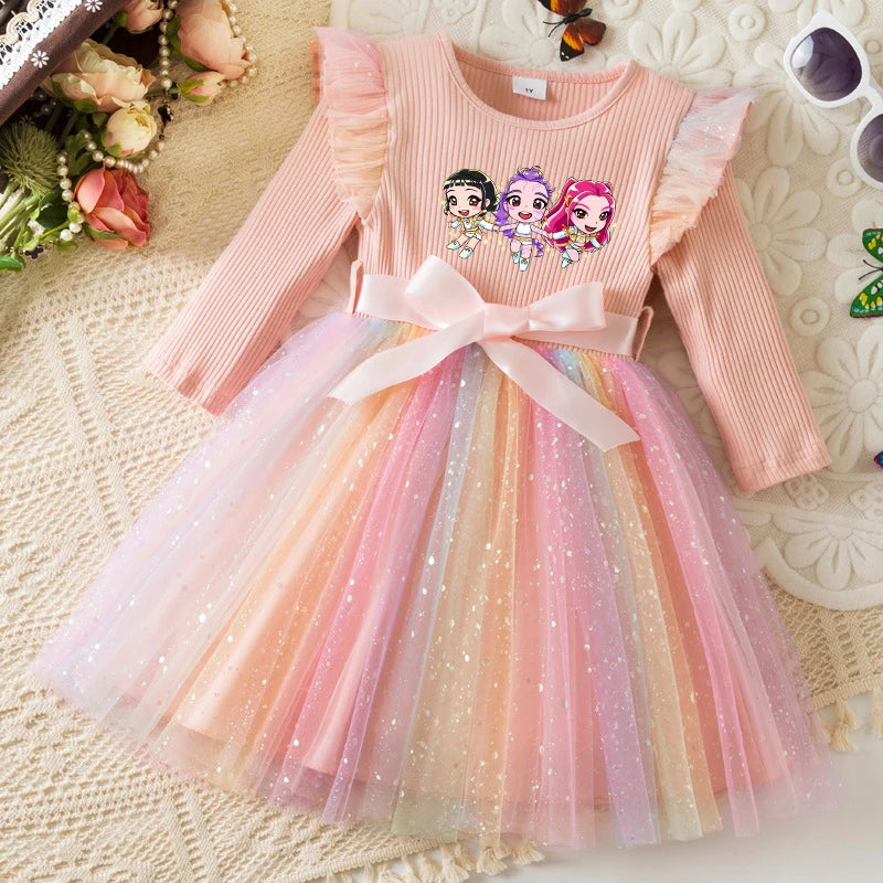 K-Pop Hunters Rainbow Princess Dress for Girls Sequin Birthday Party Mesh Dress for Baby Casual Long Sleeve Girls Dresses 1-5Y