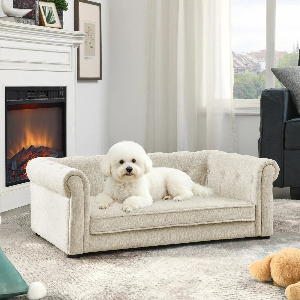 I YAN Ye Elegant beige rectangle dog sofa bed for small and medium dogs, modern, stylish, comfortable, and durable pet furniture.