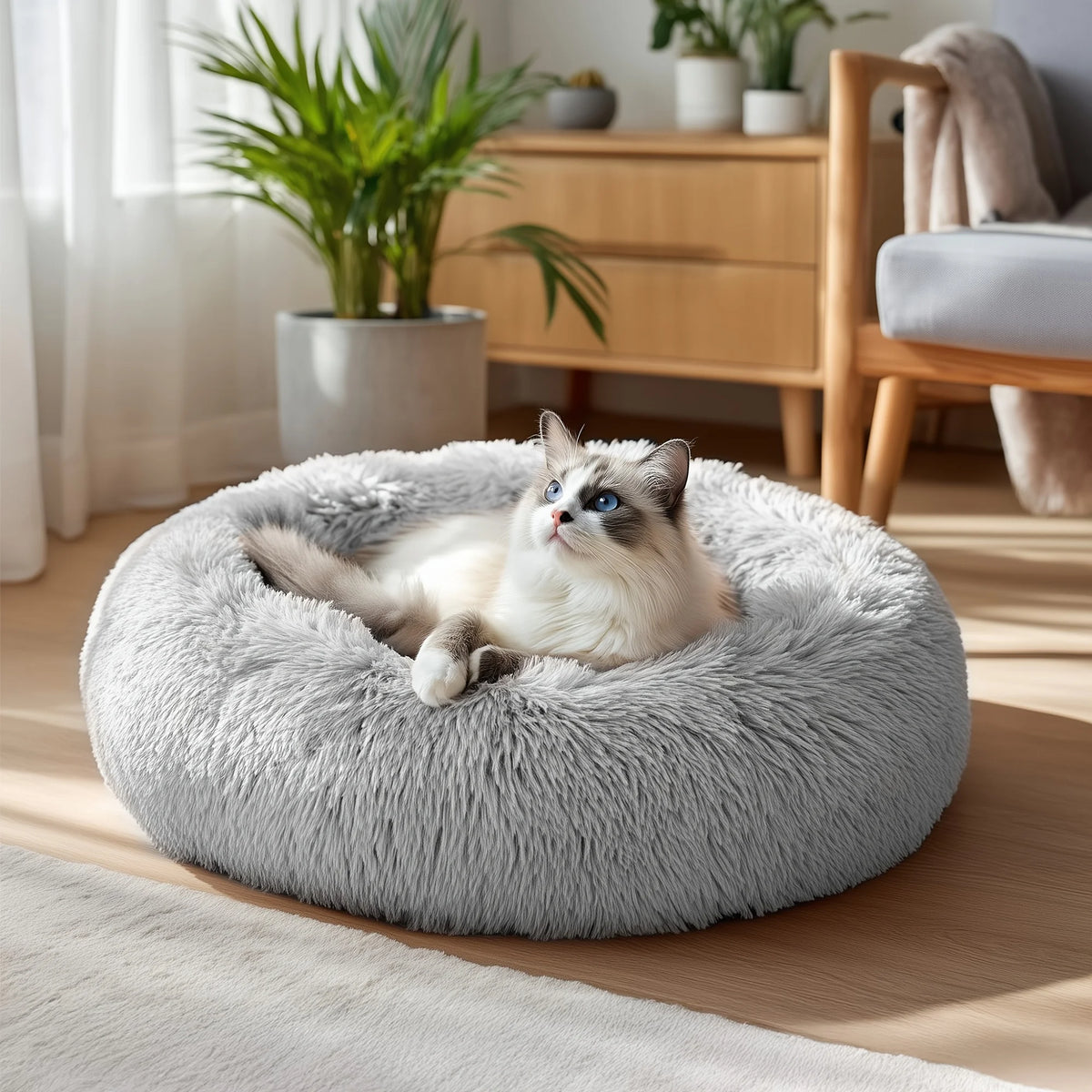 Soft washable donut dog bed by I YAN for small dogs and cats, with non-slip base and lightweight, machine-friendly design.