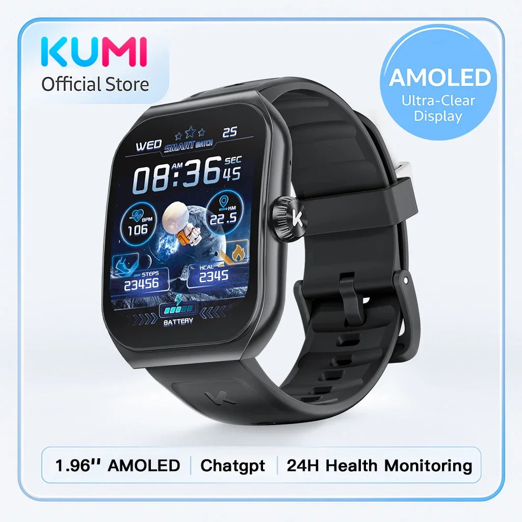 KUMI KU7 Smartwatch 1.96" AMOLED, AI Voice Assistant, Bluetooth Call, SOS Alert, 100+ Sports, Health Monitor