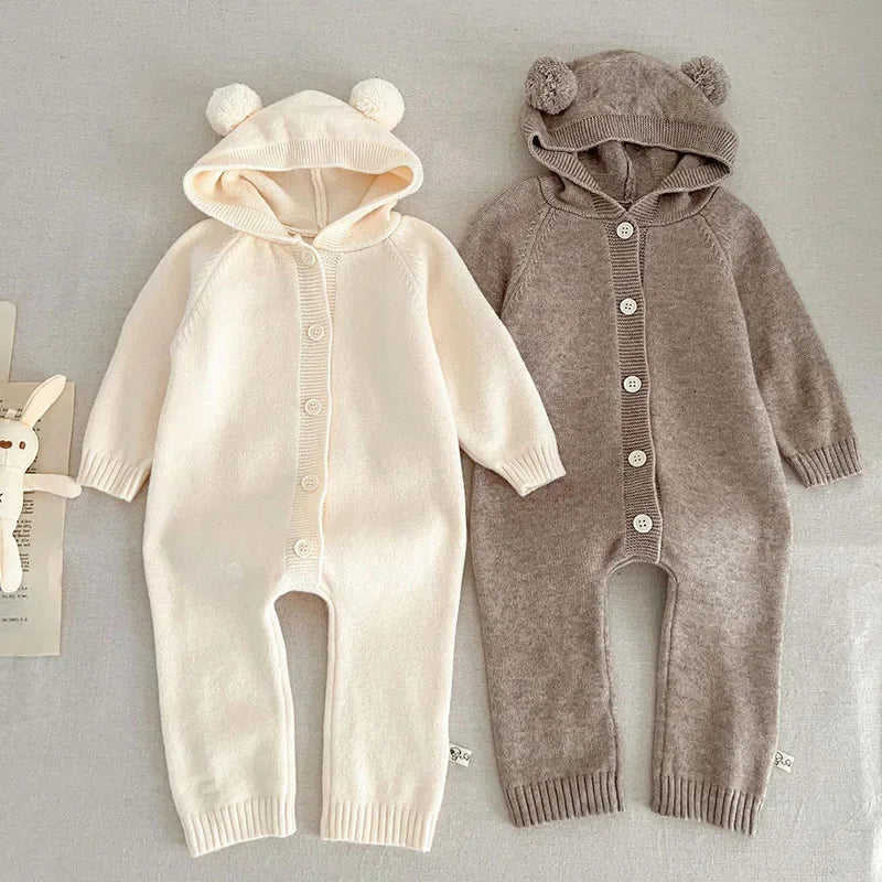2026 New Spring 0-24M Toddler Baby Boys Girl Knitted Romper Long Sleeved Solid Color Hooded Infant Baby Knitted Jumpsuit