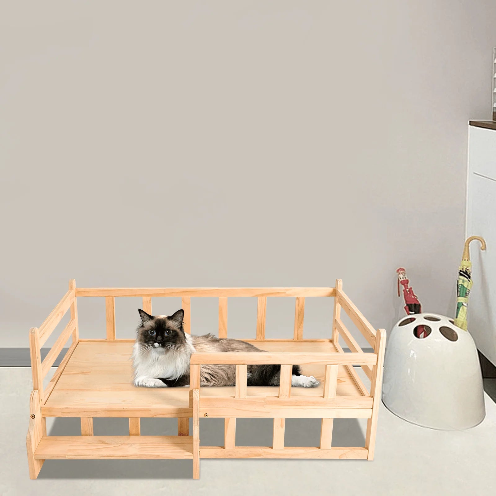 Aohuada Solid Pine Wood Elevated Pet Bed With Rails & Stairs, 66LBS Load Raised Dog Cat Bed, Breathable Indoor Raised Pet Frame With Anti-Slip Pads For Large Pets