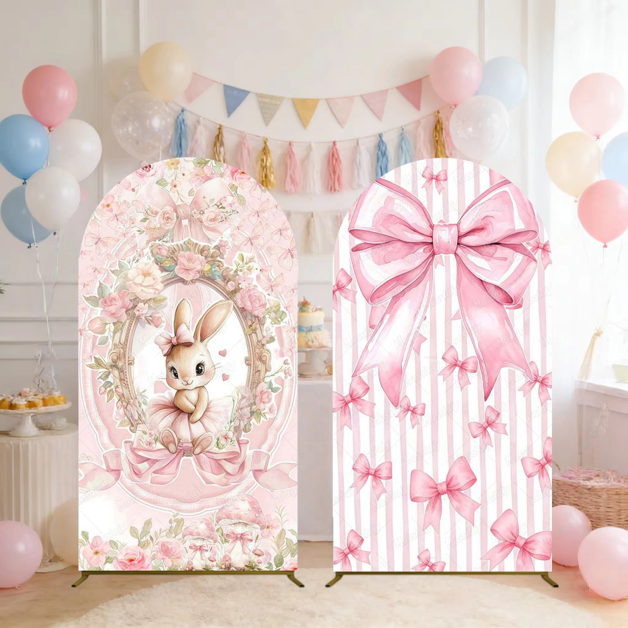 Little Rabbit Pink Flower Bow Baby Girl Birthday Party Arch Backdrop Cover Bunny Baby Shower Arched Photo Background Decor Props