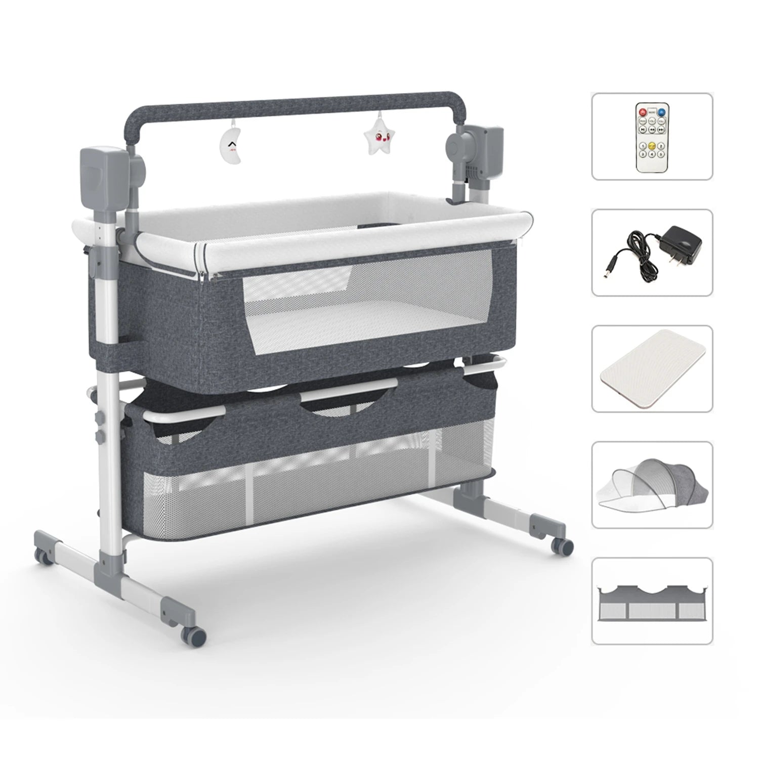 I YAN baby bassinet with automatic electric rocking, foldable bedside infant co-sleeper, remote control for newborn comfort.
