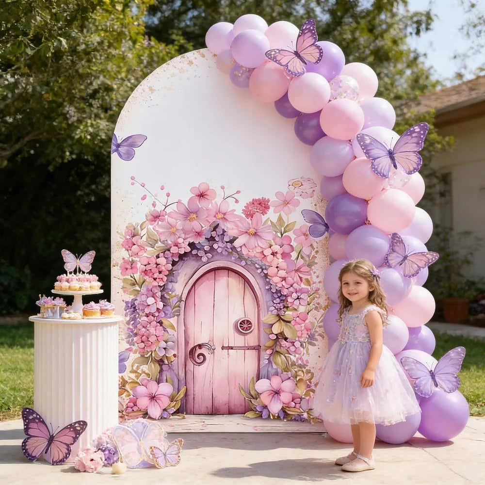 Custom Double-sided Wonderland Fairy Mushroom Butterfly Arch Backdrop Cover Girls Birthday Party Baby Shower Decor Background