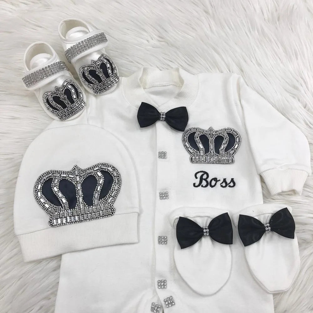 Luxury Newborn Baby Romper Set 4-Piece – Crystal Crown Layette for Photography & Coming Home - I YAN