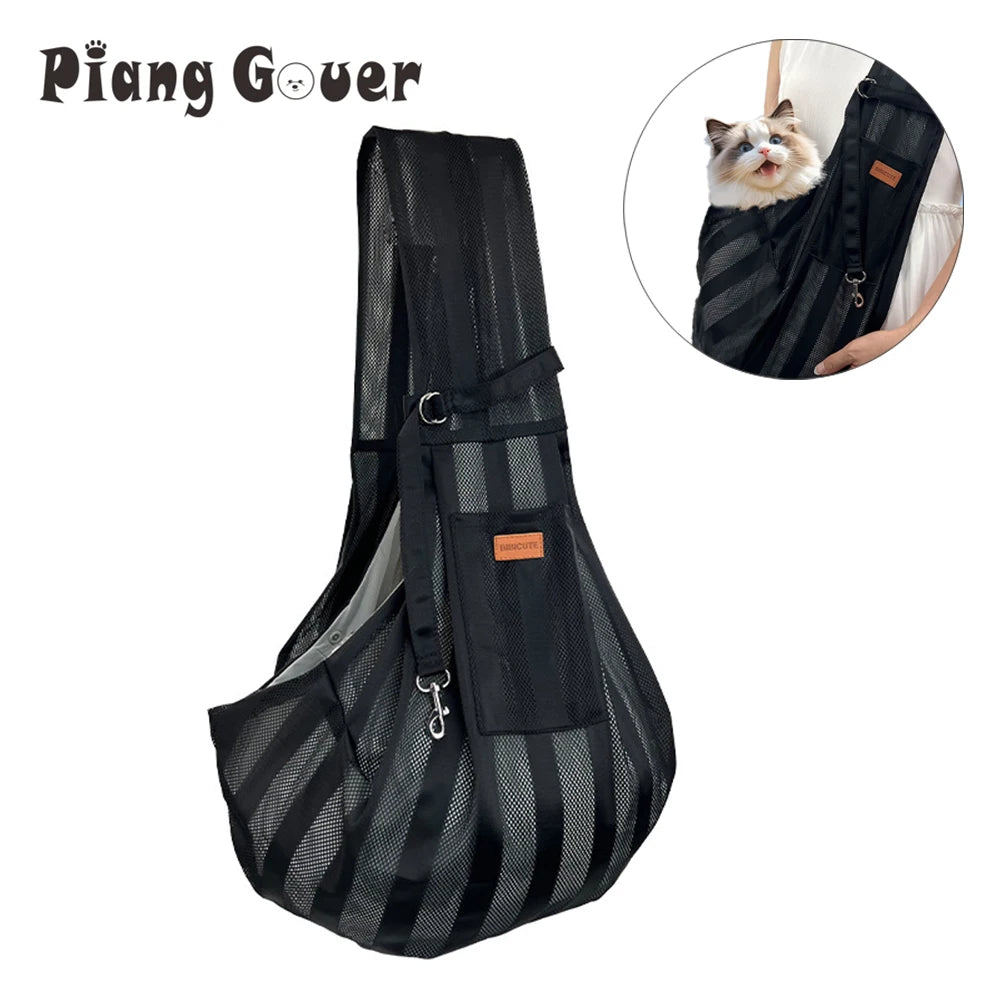 I YAN summer breathable pet shoulder carrier bag for cats and small dogs, portable crossbody travel bag, black and lightweight