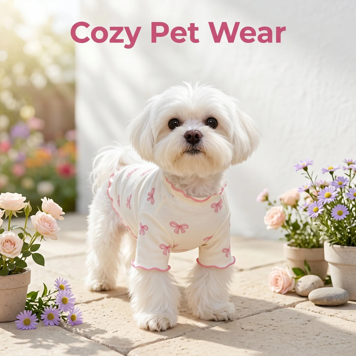 I YAN pet dog or cat knit sweater with allover print, pink bow tie, breathable and comfortable for pets.