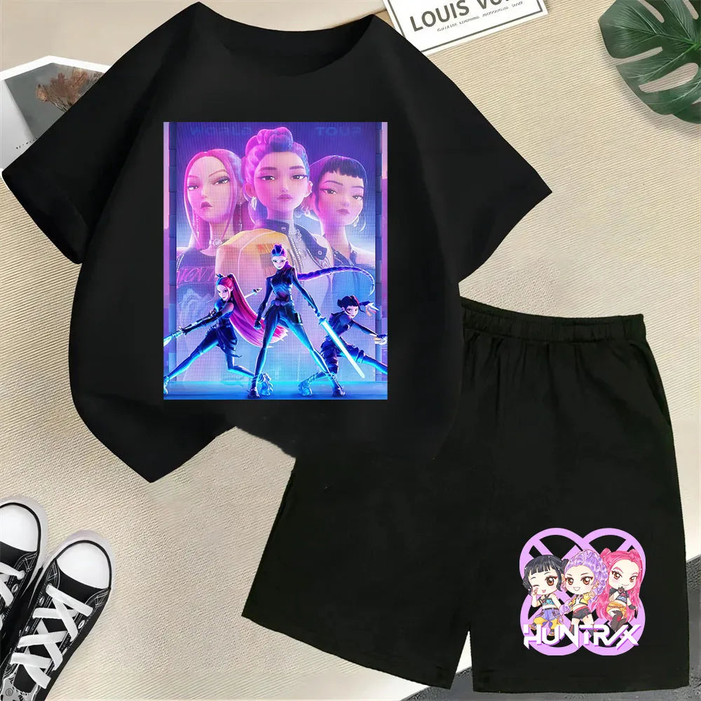 KPop Demon Hunters Saja Boys Kids T-Shirt – Cartoon Print Round Neck Casual Top (2pcs Set) - I YAN