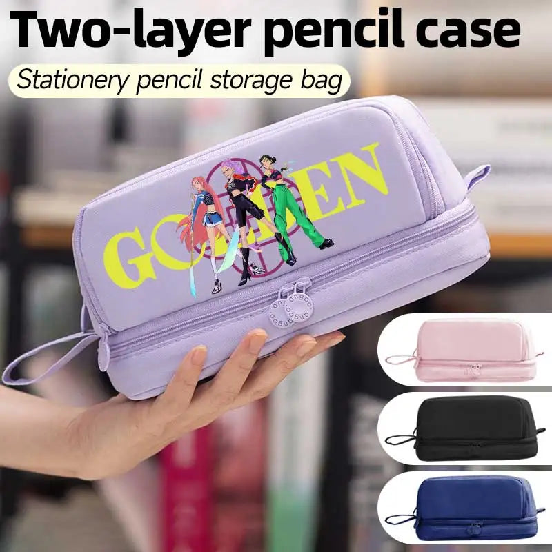 Kpop Demon Hunters pencil case by I YAN, double-layer anime stationery bag with Demon Hunters design for kids and teens.