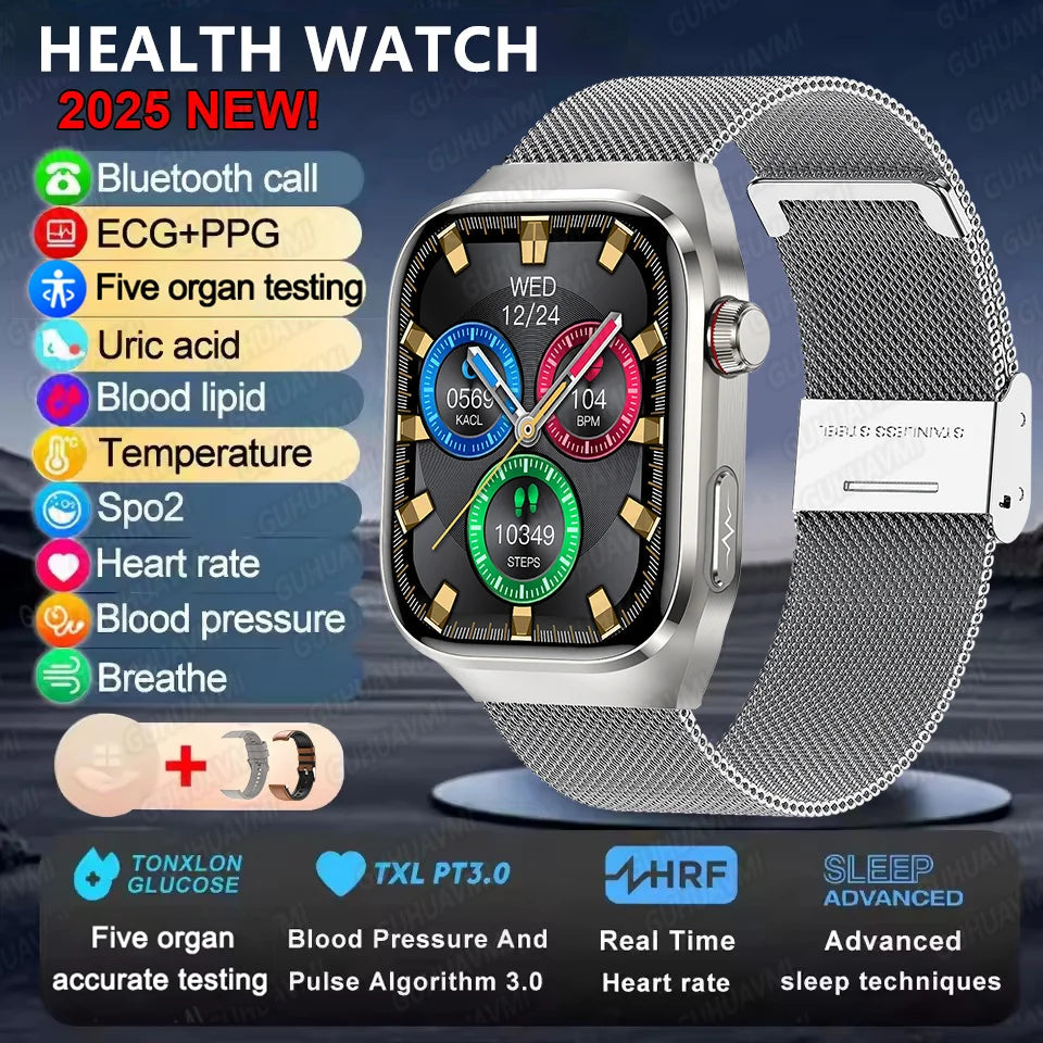 I YAN micro physical examination smartwatch for men showing digital display of health metrics, Bluetooth call feature, and sleek design.