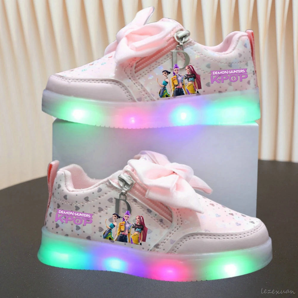LED Casual Sneakers For Spring Girls KPop Demon Hunters Printed Mesh Breathable Shoes Children Lighted Non-slip Pink Purple