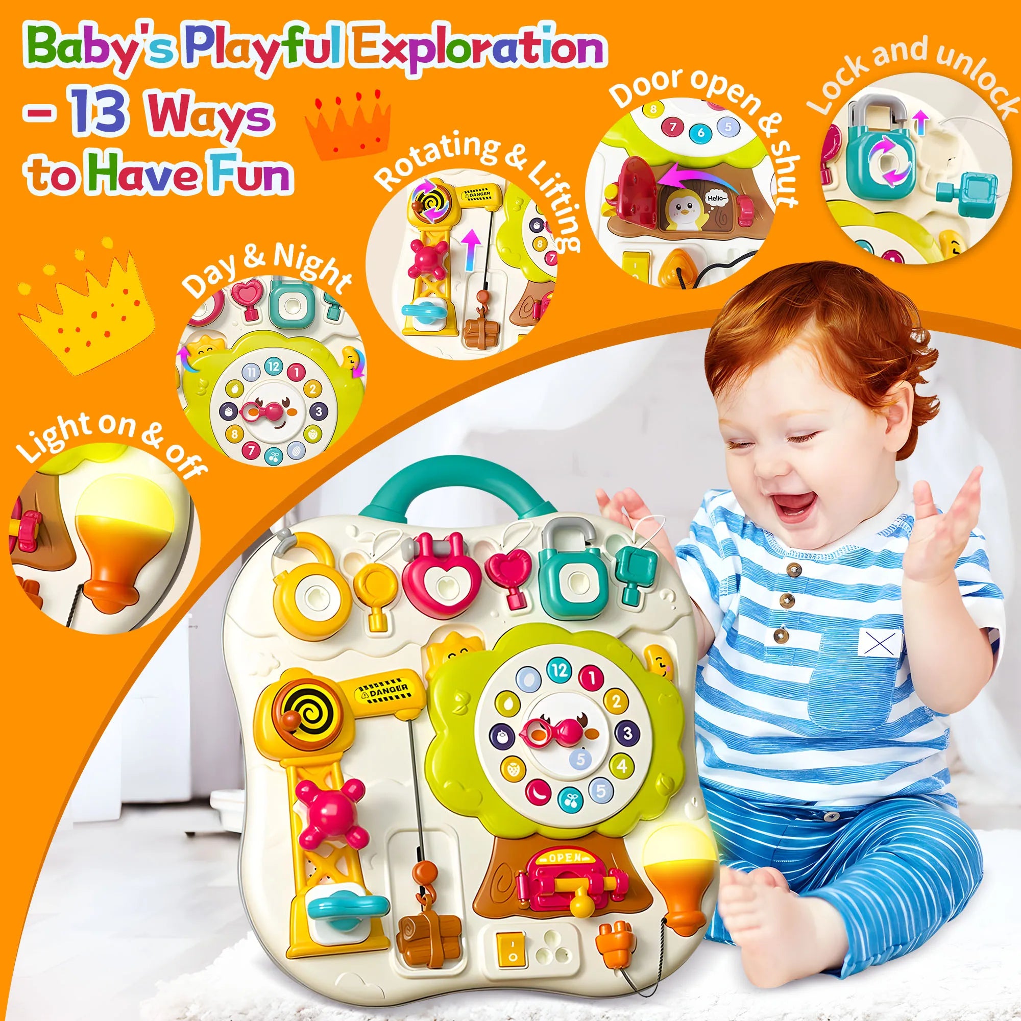 Montessori busy board sensory toy for toddlers, featuring music and LED lights, for ages 1 to 3, by I YAN.