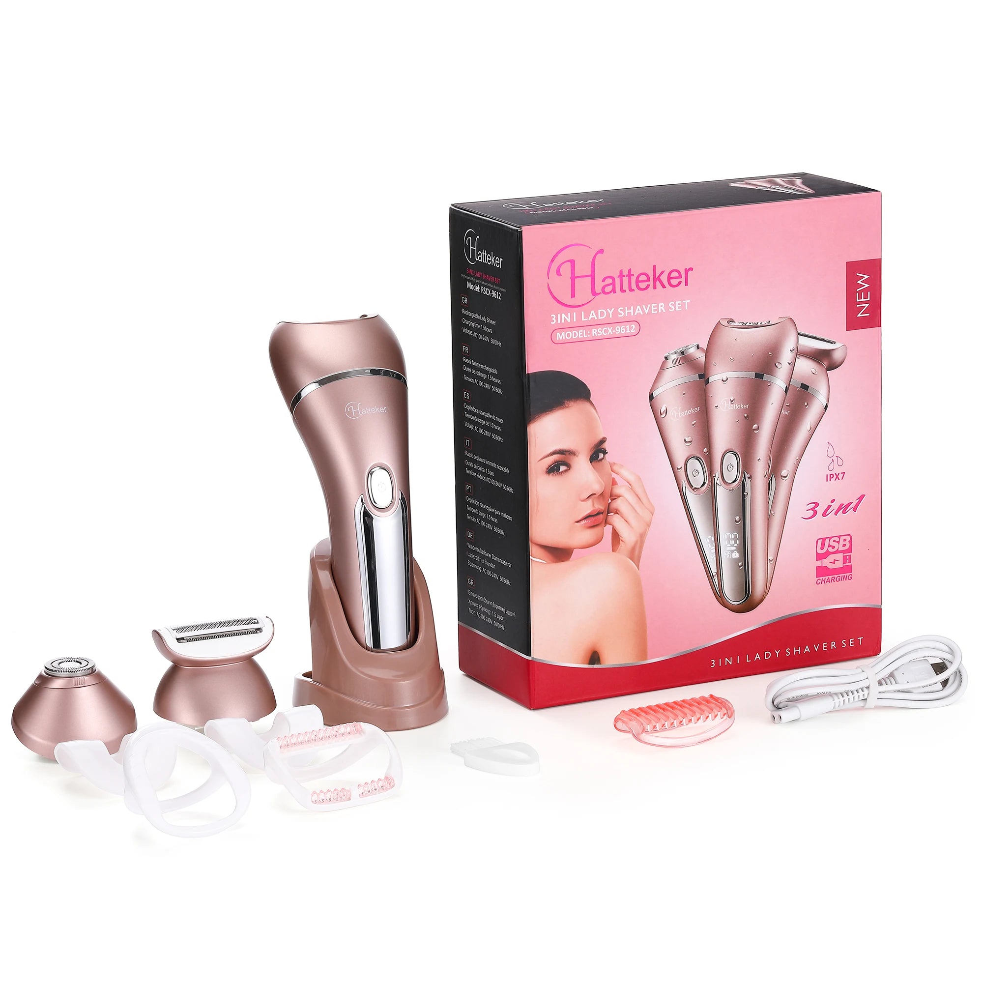 HATTEKER Women Multi-Function Electric Hair Remover Home Use Three-in-One Waxing Tool Washable Full Body Intimate Trimmer Razor
