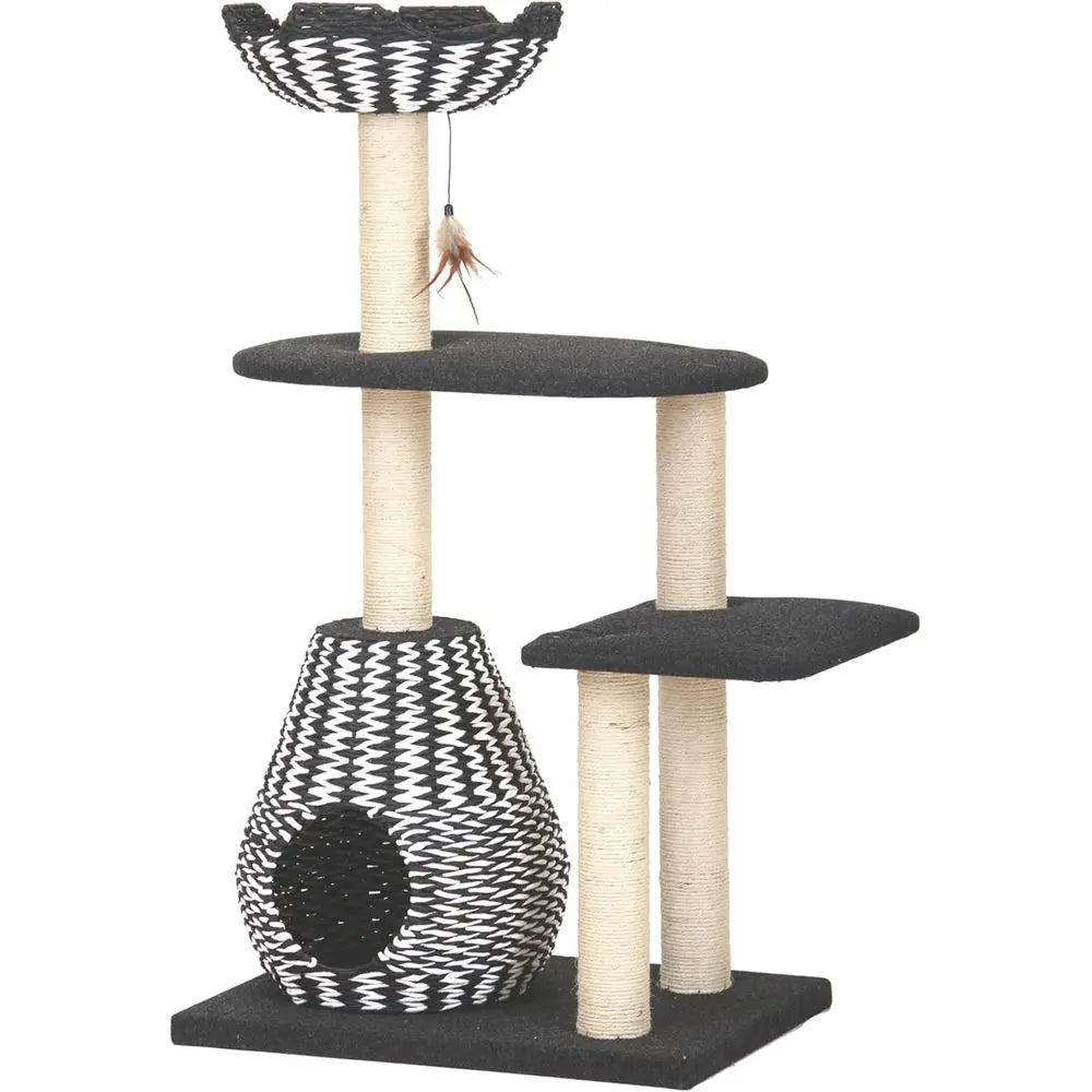 Handwoven Cat Tree with Condo, Top Bed & Sisal Posts - 2 Platforms, Recycled Paper Rope, Replaceable Sisal, Black & White