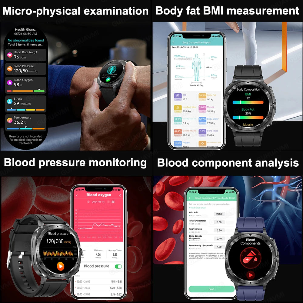 New Health Watch Uric Acid Blood Pressure Blood oxygen Body Analysis Body Fat SmartWatch ECG+PPG Bluetooth call Clock Women Men