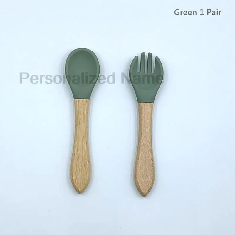 Baby Silicone Spoon & Fork Set – Soft BPA-Free Feeding Utensils with Wooden Handle - I YAN