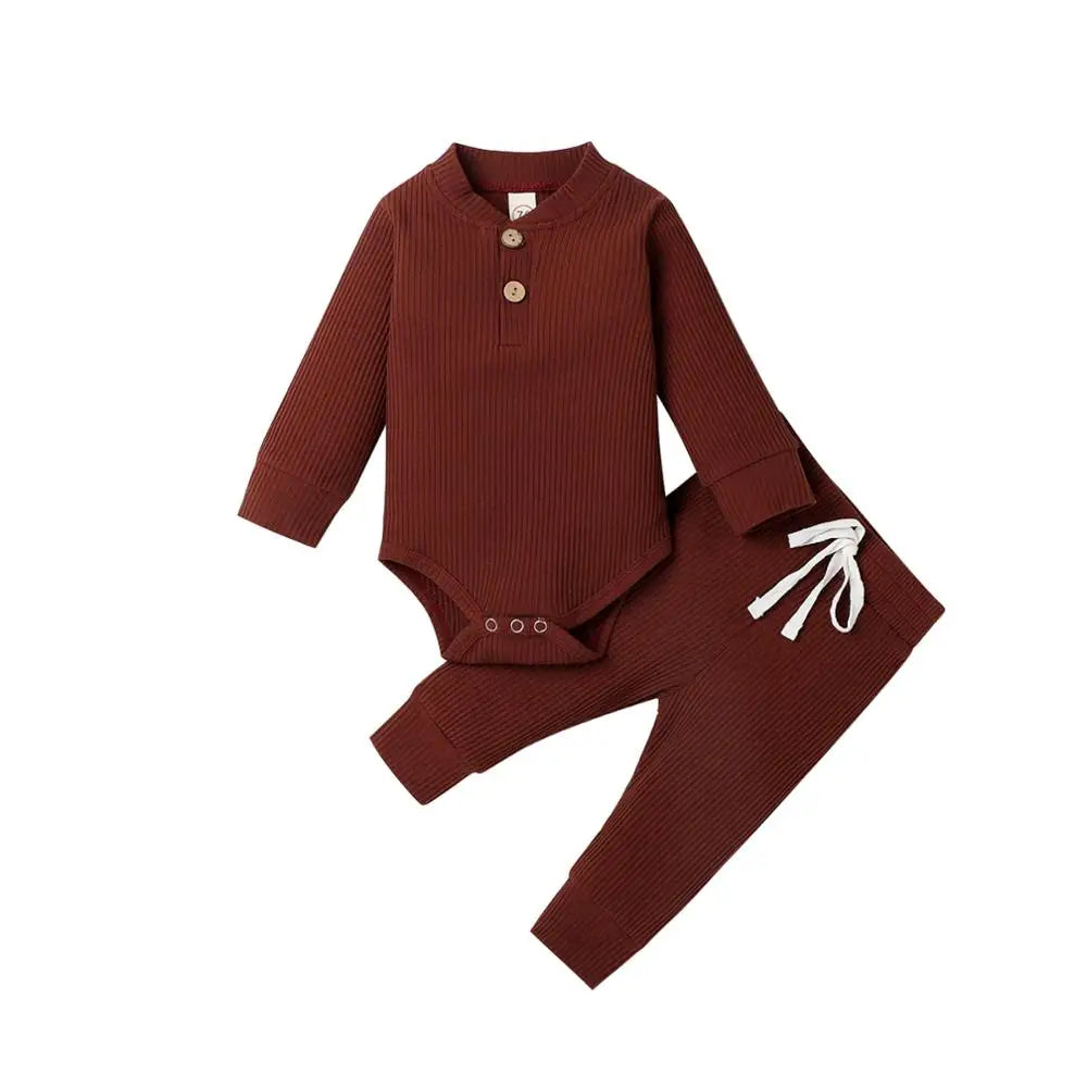Baby girl and boy spring autumn ribbed and plaid 2-piece outfits with long sleeve bodysuits and elastic pants by I YAN.