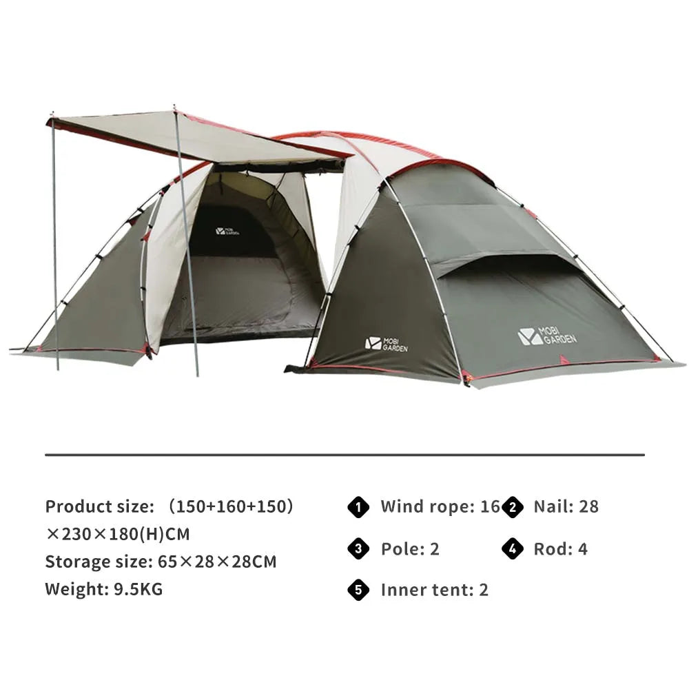 MOBI GARDEN Camping Tunnel Tent Two Bedrooms Waterproof Sunshade Portable Living Tent