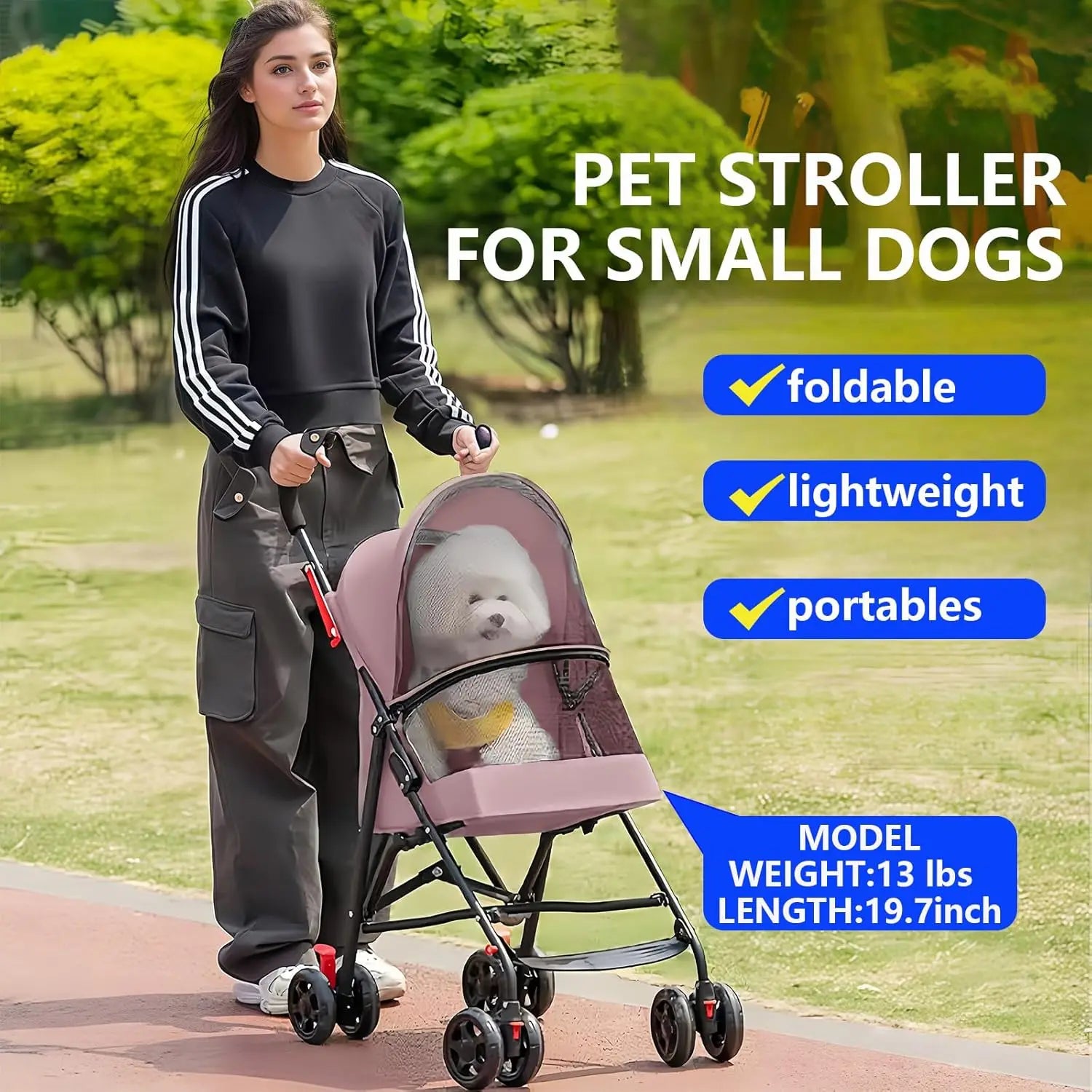 Small Pet Walks! Pink 4-Wheel Foldable Dog Stroller for 0-15 lbs Pets, Cup Holder, Breathable Mesh
