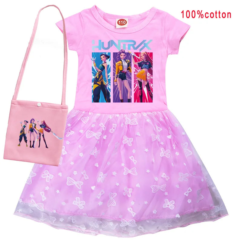 KPop Demon Hunters Rumi Dress Kids Summer Dress Baby Girl's Casual Dresses & Bag 2pcs Sets Lovely Wedding Party Princess Vestido