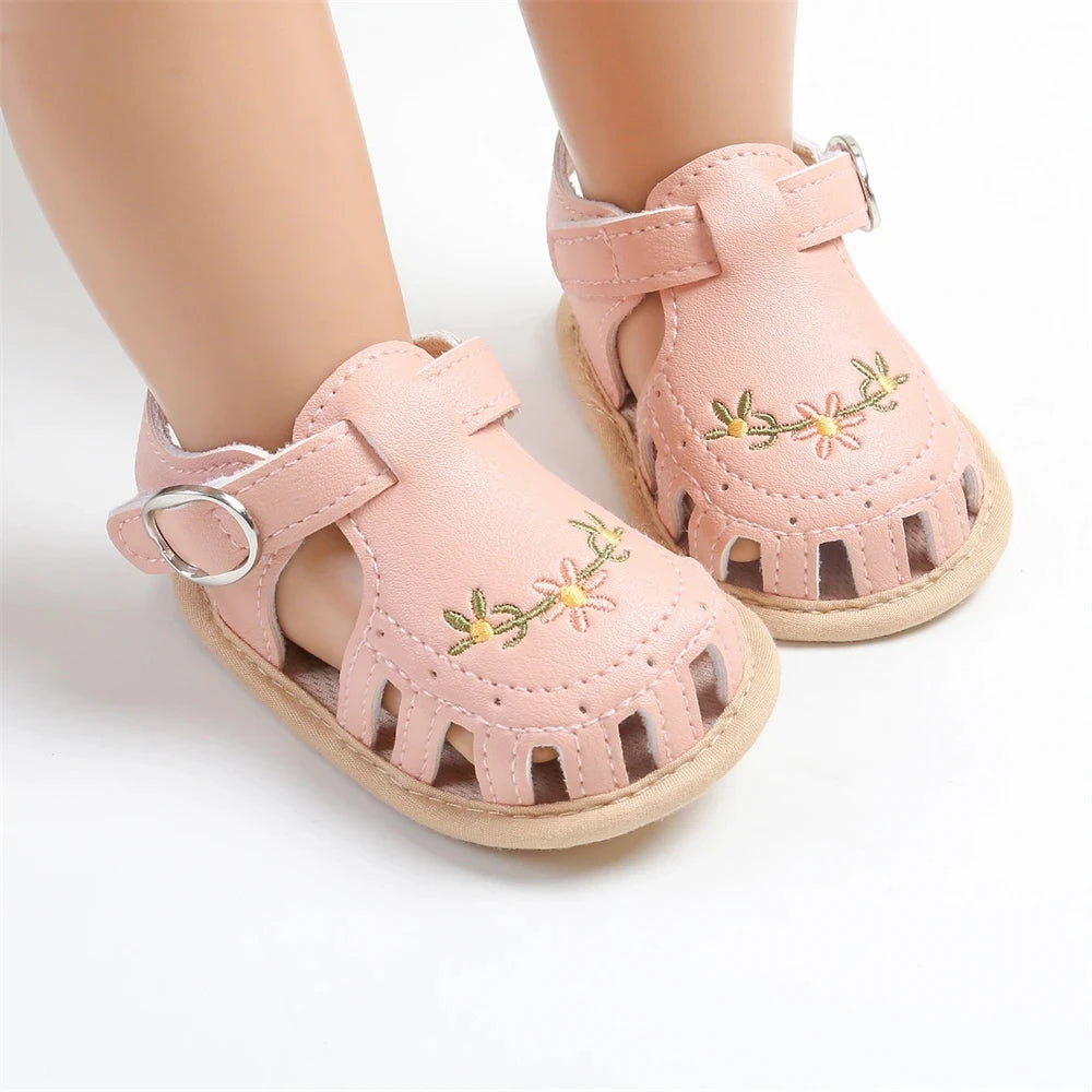 Newborn Baby Girl Sandals Summer Embroidered Leisure Comfortable Lightweight Floral Soft Sole Wrap Toe Sandals For 0-18M