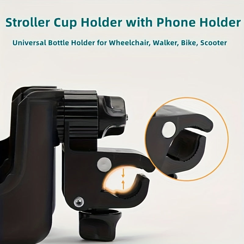 2-in-1 Universal Stroller Water Cup Holder With Phone Holder, Universal Bottle Holder For Wheelchair stroller Accessories