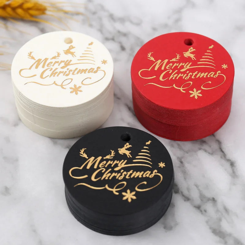 100pcs Merry Christmas Hot Stamping Tags, 2025 Circular Card Gifts, Small Hanging Card Gifts, Hanging Christmas Tree Decorations