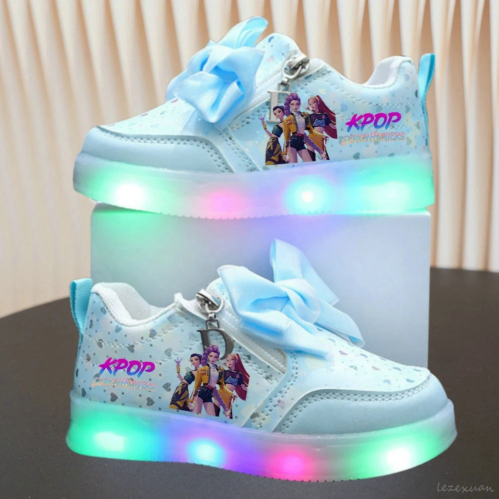 LED Casual Sneakers For Spring Girls KPop Demon Hunters Printed Mesh Breathable Shoes Children Lighted Non-slip Pink Purple