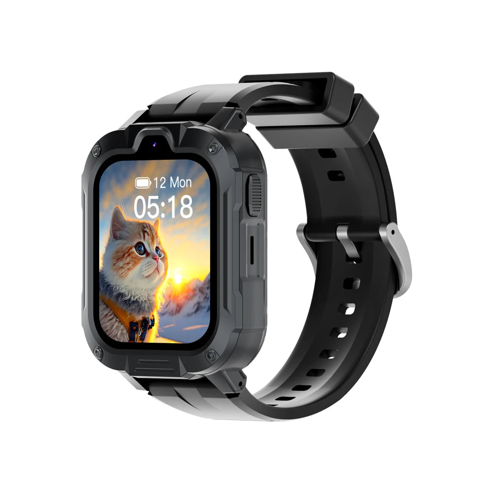 Kids' smartwatch by I YAN with GPS, WiFi, video call feature, 800mAh battery, black strap, and digital display showing time.