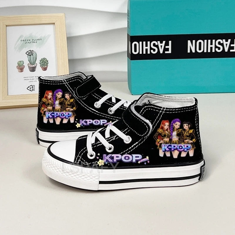 KPop Demon Hunter Canvas Shoes Student Casual Children Slip on Flat Board Shoes Kids Soft Bottom Non Slip Breathable Sneakers