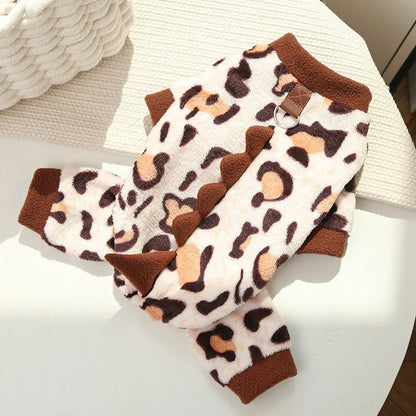 Leopard Dinosaur Dog Pajamas – Warm Fleece Jumpsuit for Small Dogs