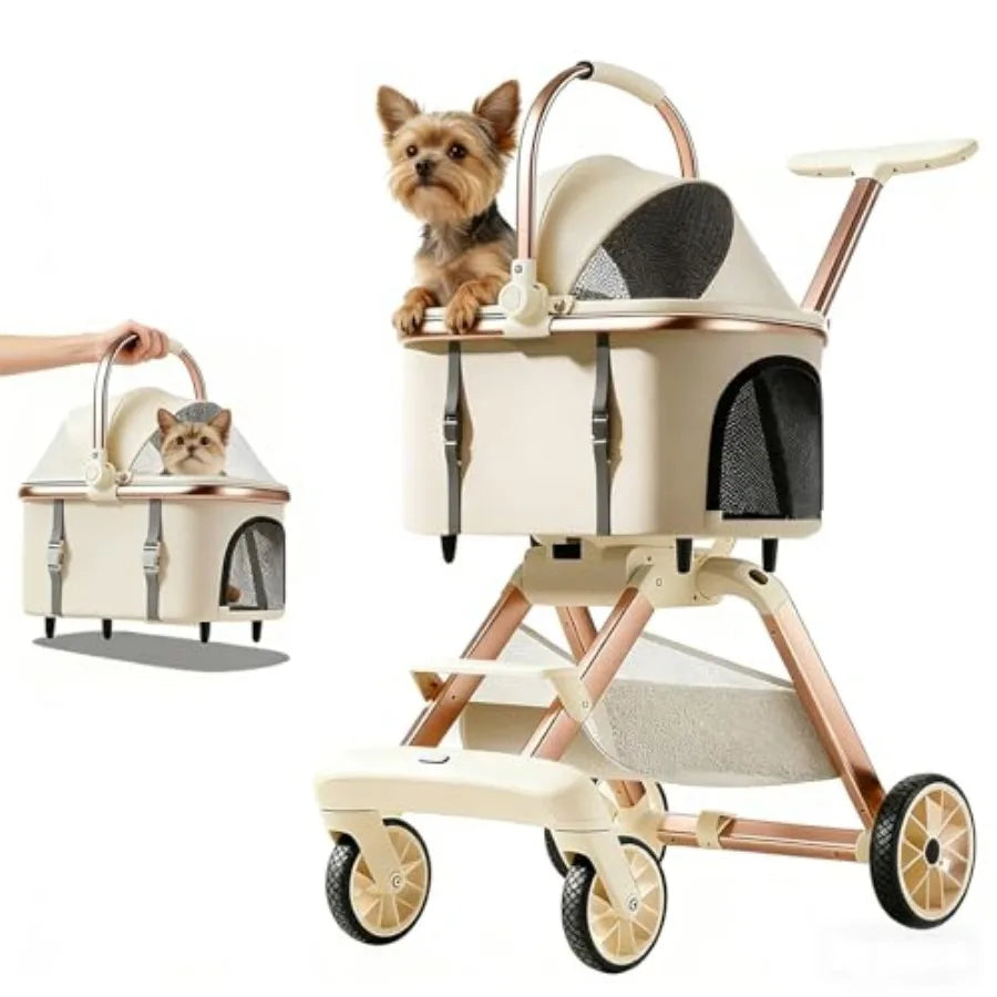 All-terrain pet stroller by I YAN for small to medium dogs and cats, lightweight with one-touch brake, suitable for 20 lbs pets.